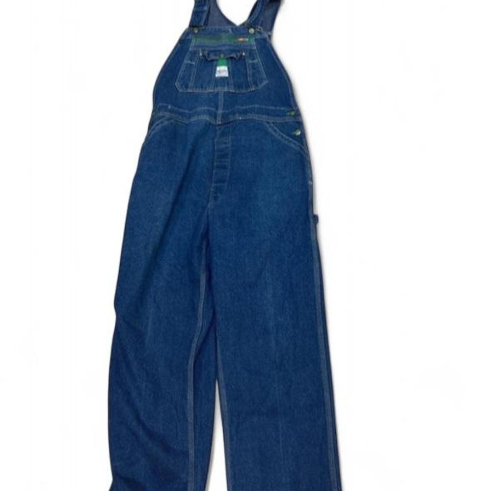 Vintage Liberty Denim Overalls 38x38 Made in USA Green Stitch Zip Pocket Work